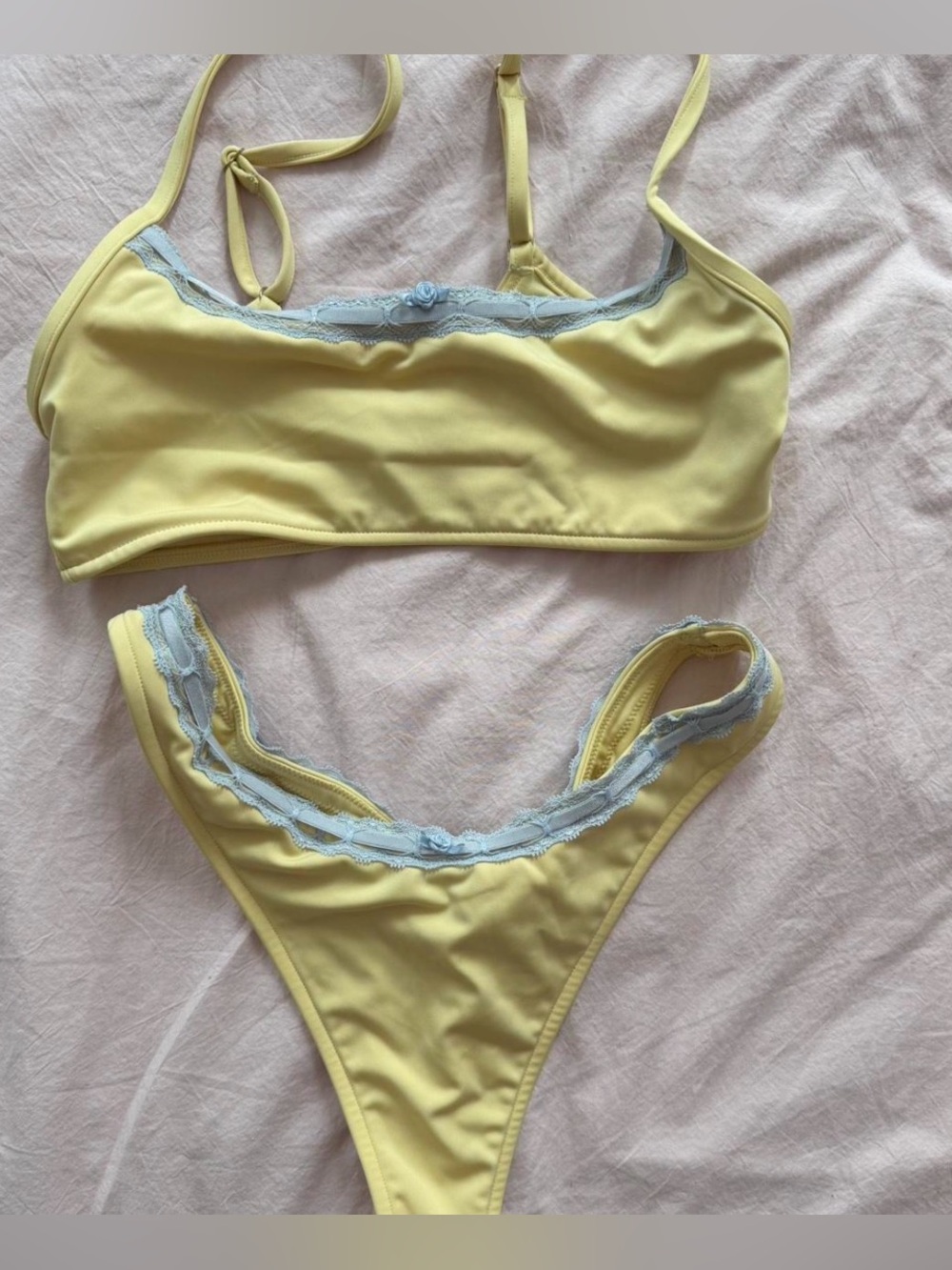Pink by Frankie's Bikinis Yellow and Light Blue Lace Trim Two-Piece Bikini